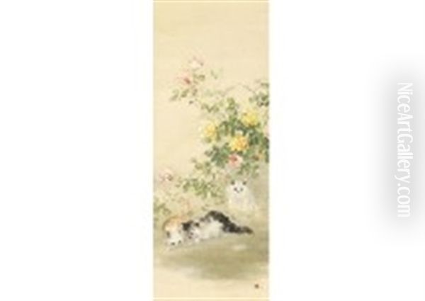 Cat With Flower Oil Painting by Suiseki Ohashi