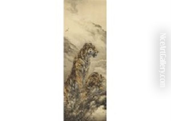 Two Tigers On Mountain Oil Painting by Suiseki Ohashi