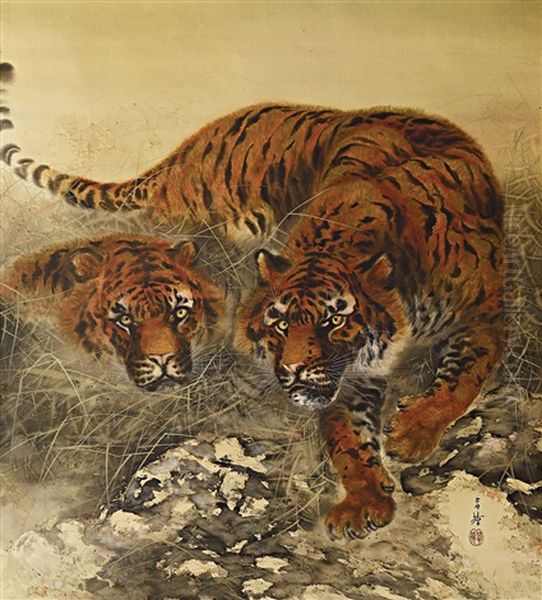 A Pair Of Tigers On The Hunt Oil Painting by Suiseki Ohashi