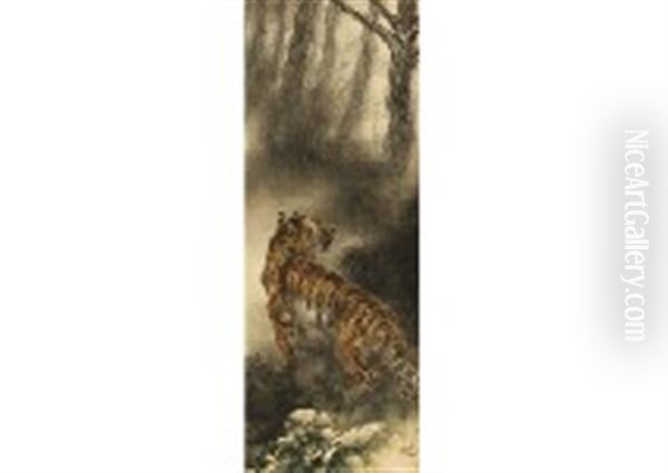 Tiger At Cold Night Oil Painting by Suiseki Ohashi