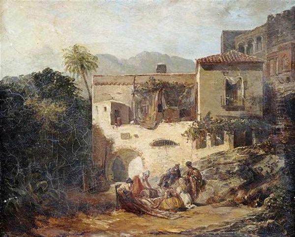 Vor Dem Haus Eines Teppichhandlers Breiten Frauen Teppiche Aus Oil Painting by Wilhelm Gottfried Ohaus