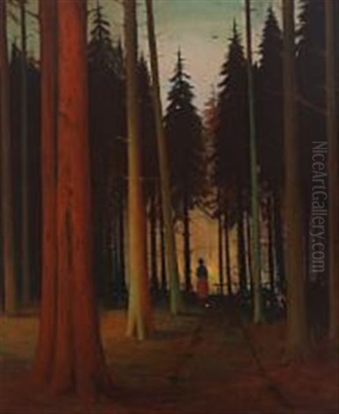 Walking Woman In Forrest Oil Painting by Jeppe Madsen Ohlsen