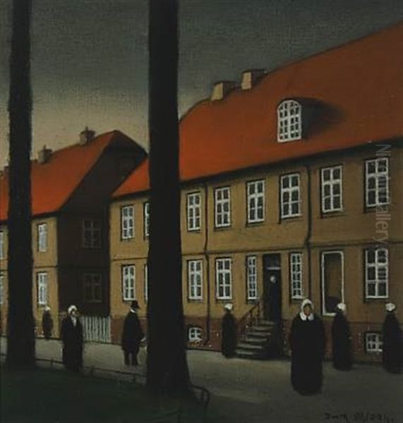 City Scene With People (christiansfeld?) Oil Painting by Jeppe Madsen Ohlsen