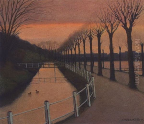 Alle Med Kanal Og Dam, I Baggrunden Huse Oil Painting by Jeppe Madsen Ohlsen