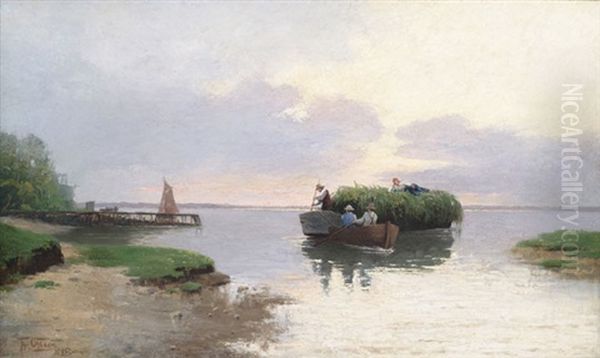 Beladenes Ernteboot Am Seeufer Bei Abendlicht Oil Painting by Theodor Ohlsen