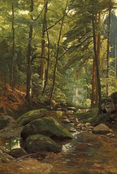 A) Sonnendurchflutetes Waldinneres Im Sommer B) Sonnendurchflutetes Waldinneres Im Herbst (pair) Oil Painting by Theodor Ohlsen