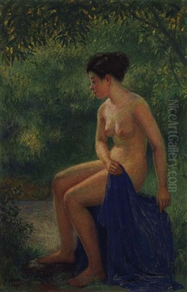 Female Nude By Water's Edge Oil Painting by Saburosuke Okada