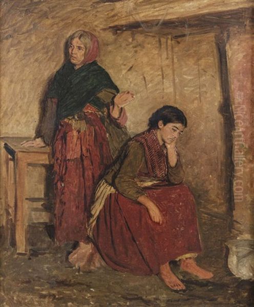 Figures In A Cottage Interior Oil Painting by Aloysius C. O'Kelly