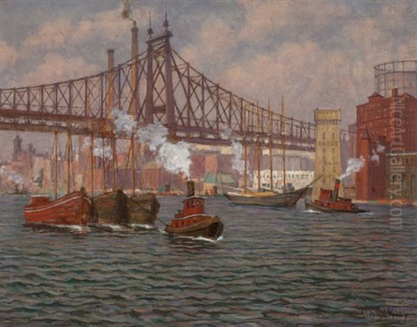 Tugboats In The East River, New York Oil Painting by Aloysius C. O'Kelly