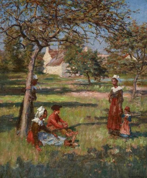 Breton Figures In An Orchard Oil Painting by Aloysius C. O'Kelly