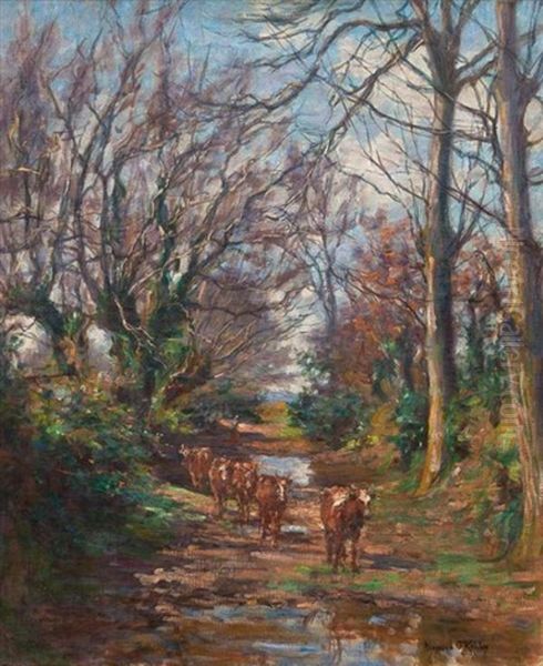 Cattle In A Woodland Path Oil Painting by Aloysius C. O'Kelly