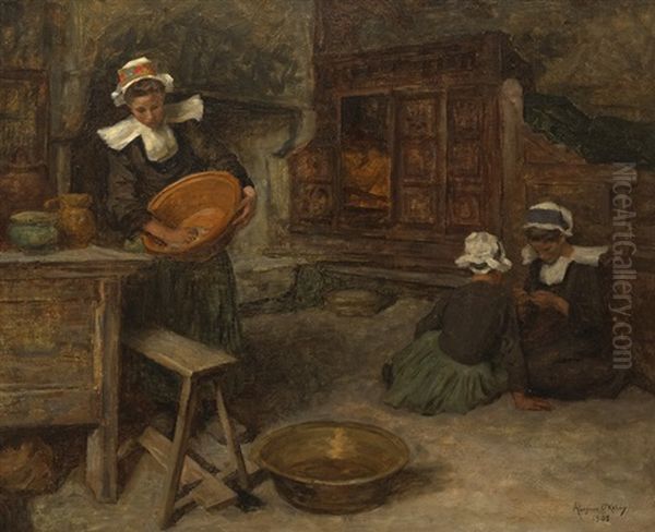 Breton Women In A Kitchen Oil Painting by Aloysius C. O'Kelly