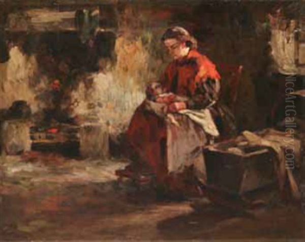 Fireside Scene With Woman And Child Oil Painting by Aloysius C. O'Kelly