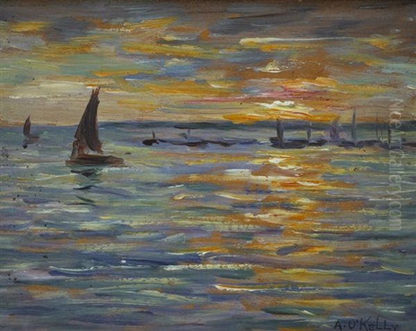 Yachts At Sunset, France Oil Painting by Aloysius C. O'Kelly