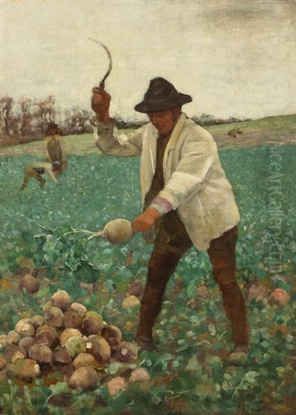 English Peasant Chopping Swedes Oil Painting by Aloysius C. O'Kelly