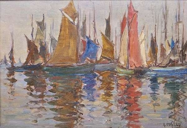 Sailing Boats In Concarneau Harbour Oil Painting by Aloysius C. O'Kelly