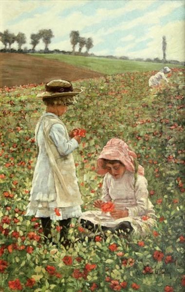 Two Young Girls Playing In The Poppy Fields Oil Painting by Aloysius C. O'Kelly