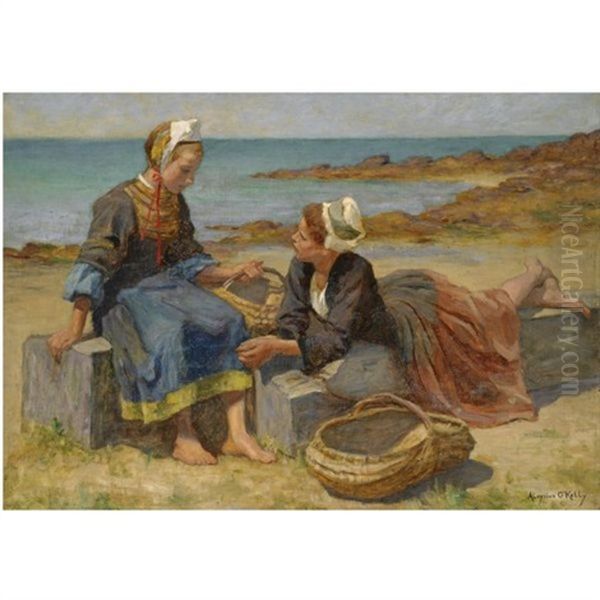 Breton Girls On A Beach (+ A Seated Lady, Sketch; Verso) Oil Painting by Aloysius C. O'Kelly