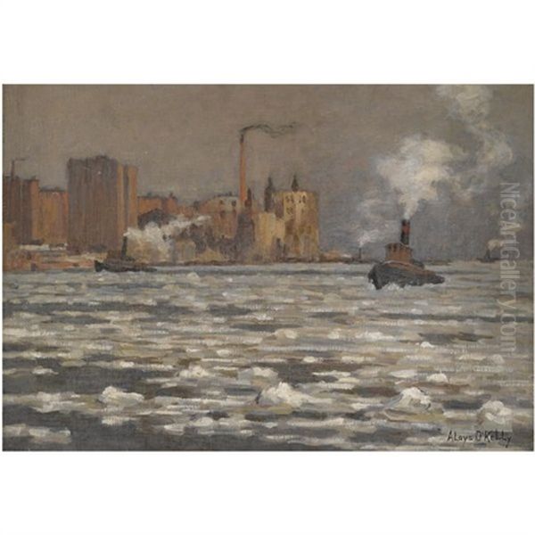 Tug Boats On The River Oil Painting by Aloysius C. O'Kelly