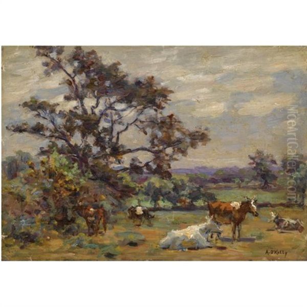 Cattle Grazing Oil Painting by Aloysius C. O'Kelly