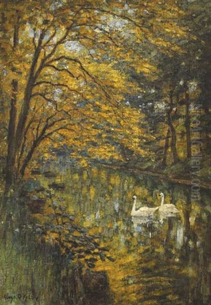 Swans On A River Oil Painting by Aloysius C. O'Kelly