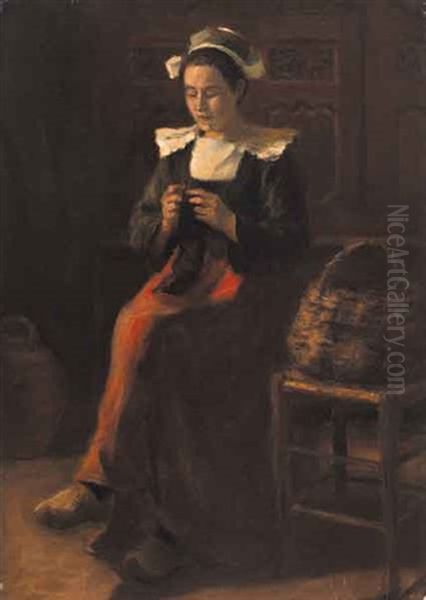 Breton Woman Seated In Interior, Knitting Oil Painting by Aloysius C. O'Kelly