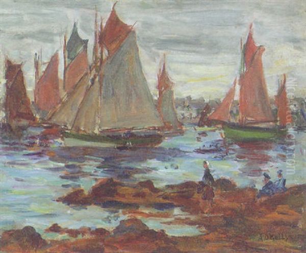 Fishing Vessels At Concarneau, Brittany Oil Painting by Aloysius C. O'Kelly