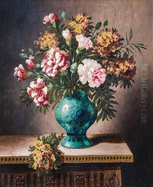 Still Life With Bouquet Of Flowers In A Green Vase Oil Painting by Nikolai Andreievitch Okolowitch