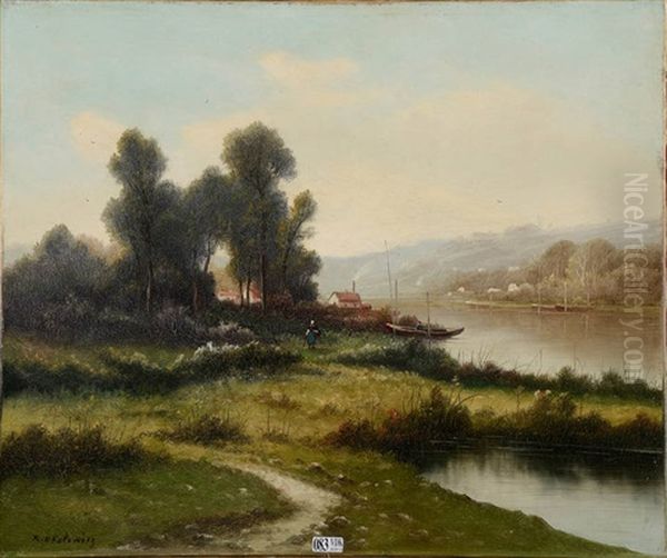 Paysage Anime A La Riviere Oil Painting by Nikolai Andreievitch Okolowitch