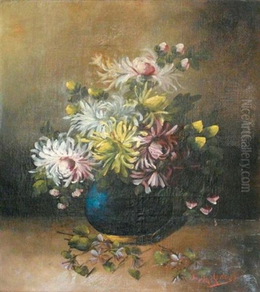 Bouquet De Fleurs Dans Un Vase Bleu Oil Painting by Nikolai Andreievitch Okolowitch