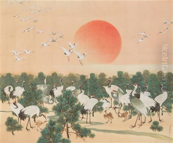 Cranes Oil Painting by Gyokumin Okubo