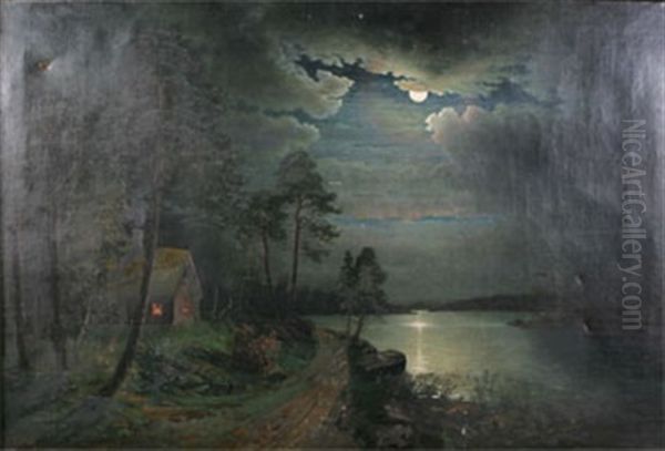 Manskenslandskap Med Stuga Oil Painting by Johan Petter Olai