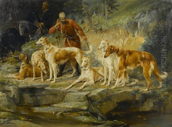 A Group Of Borzoi With A Cossack Hunter Oil Painting by Frederico Olaria