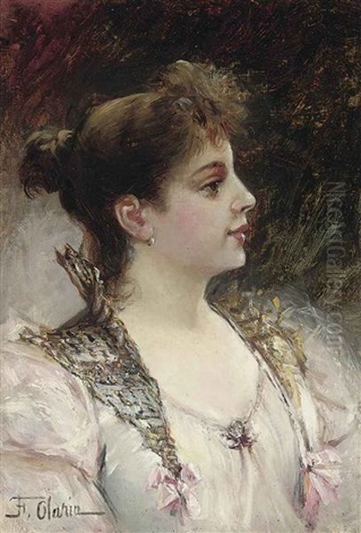 Portrait Of A Lady In White And Pink Dress Oil Painting by Frederico Olaria