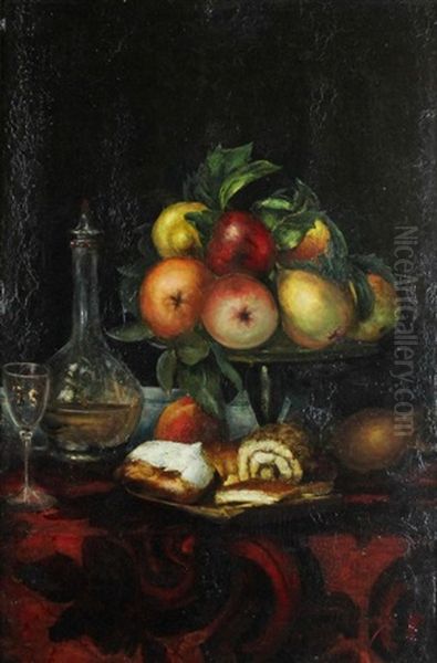 Still Life With Carafe, Fruit And Cake Oil Painting by Ramon Olavide