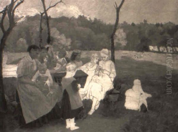 Im Garten - Frauen Mit Ihren Kindern Sitzen Um Einen Tisch Herum by Hans (Johann Wilhelm) Olde