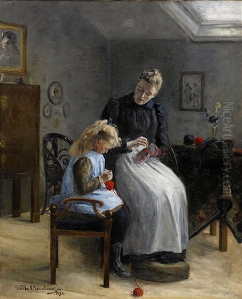 Mor Och Dotter Stoppar Strumpor Oil Painting by Edith Oldenburg von Sydow