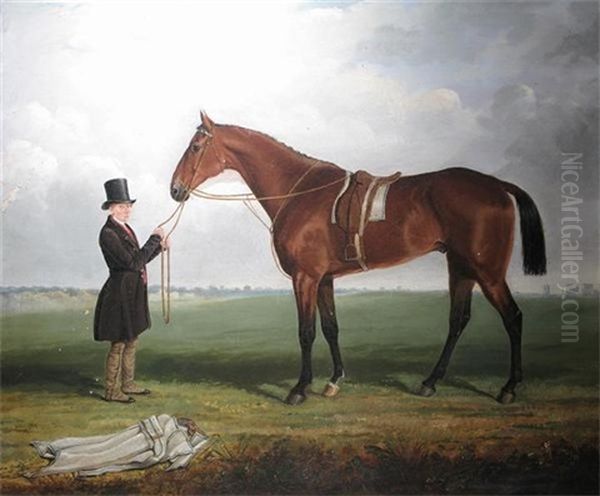 A Racehorse Held By A Groom (james Blackman-snook?) Oil Painting by J.C. Oldmeadow