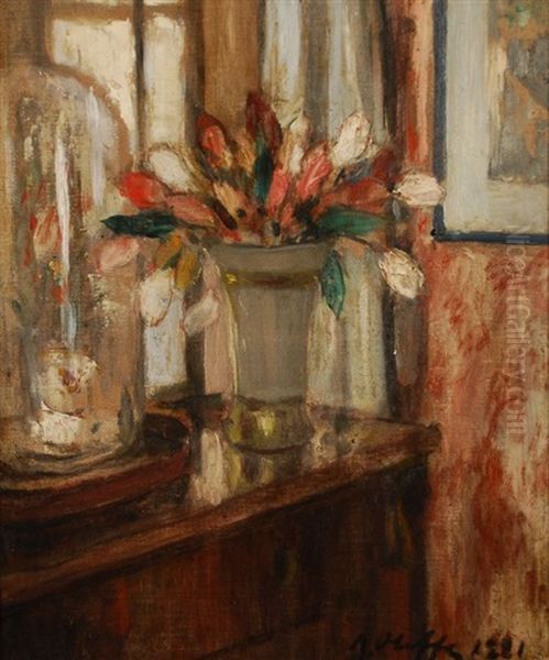 Vase De Fleurs Sur Une Commode Oil Painting by Auguste Oleffe