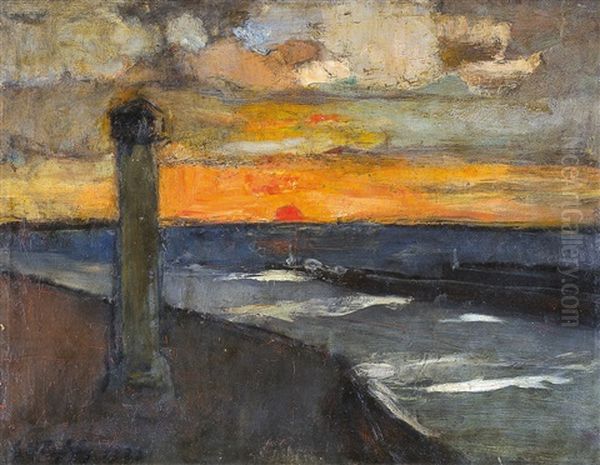 Soleil Couchant A Ostende Oil Painting by Auguste Oleffe