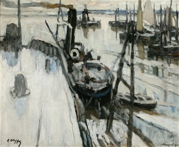 Le Port De Nieuport Sous La Neige Oil Painting by Auguste Oleffe