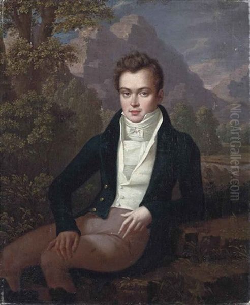 Portrait Of A Gentleman, Three-quarter-length, Seated, In A Blue Coat And White Waistcoat, In A Landscape, A Mountain Range Beyond Oil Painting by Joseph Oleszkiewitsch