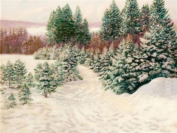 Verschneite Winterlandschaft Mit Tannen Oil Painting by Victor Olgyai