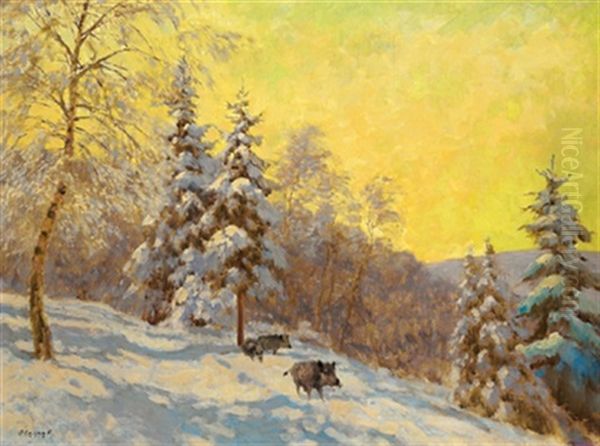 Wildschweine Im Winterwald Oil Painting by Ferenc Olgyay