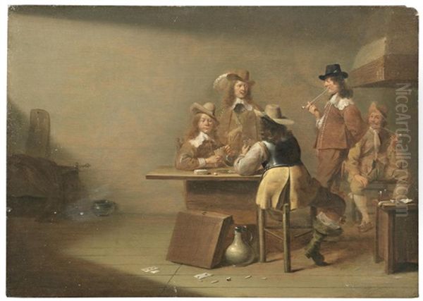 Soldiers Smoking And Playing Cards In An Interior Oil Painting by Jan Olis