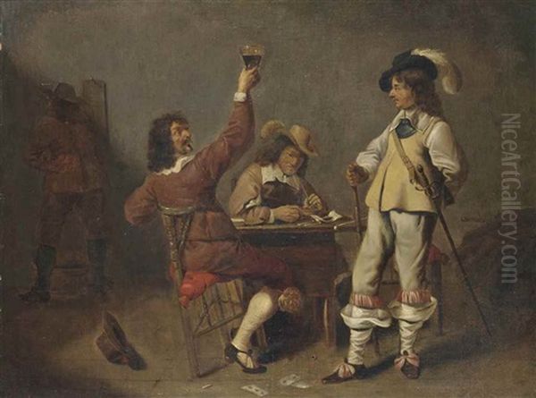 Cavalry Men Drinking, Smoking And Playing Cards In An Interior Oil Painting by Jan Olis