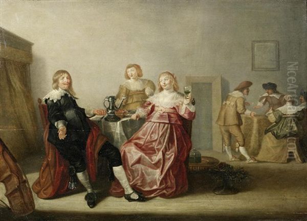 An Elegant Company Merrymaking In An Interior Oil Painting by Jan Olis