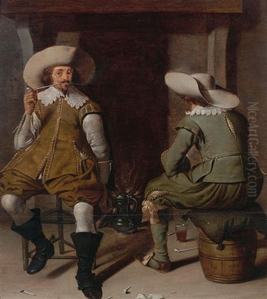 Deux Fumeurs Dans Un Interieur Oil Painting by Jan Olis