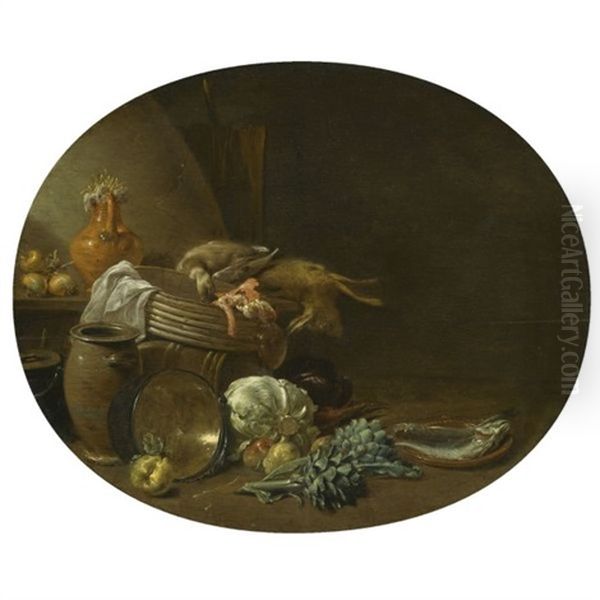 A Kitchen Still Life Of A Hare, A Mallard, Artichokes, Cabbage, Pears, A Fish On An Earthenware Platter, And Pots And Pans Oil Painting by Jan Olis