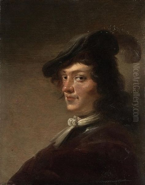 Portrait Of A Man,in A Brown Coat, And A Black Hat With A Feather Oil Painting by Jan Olis